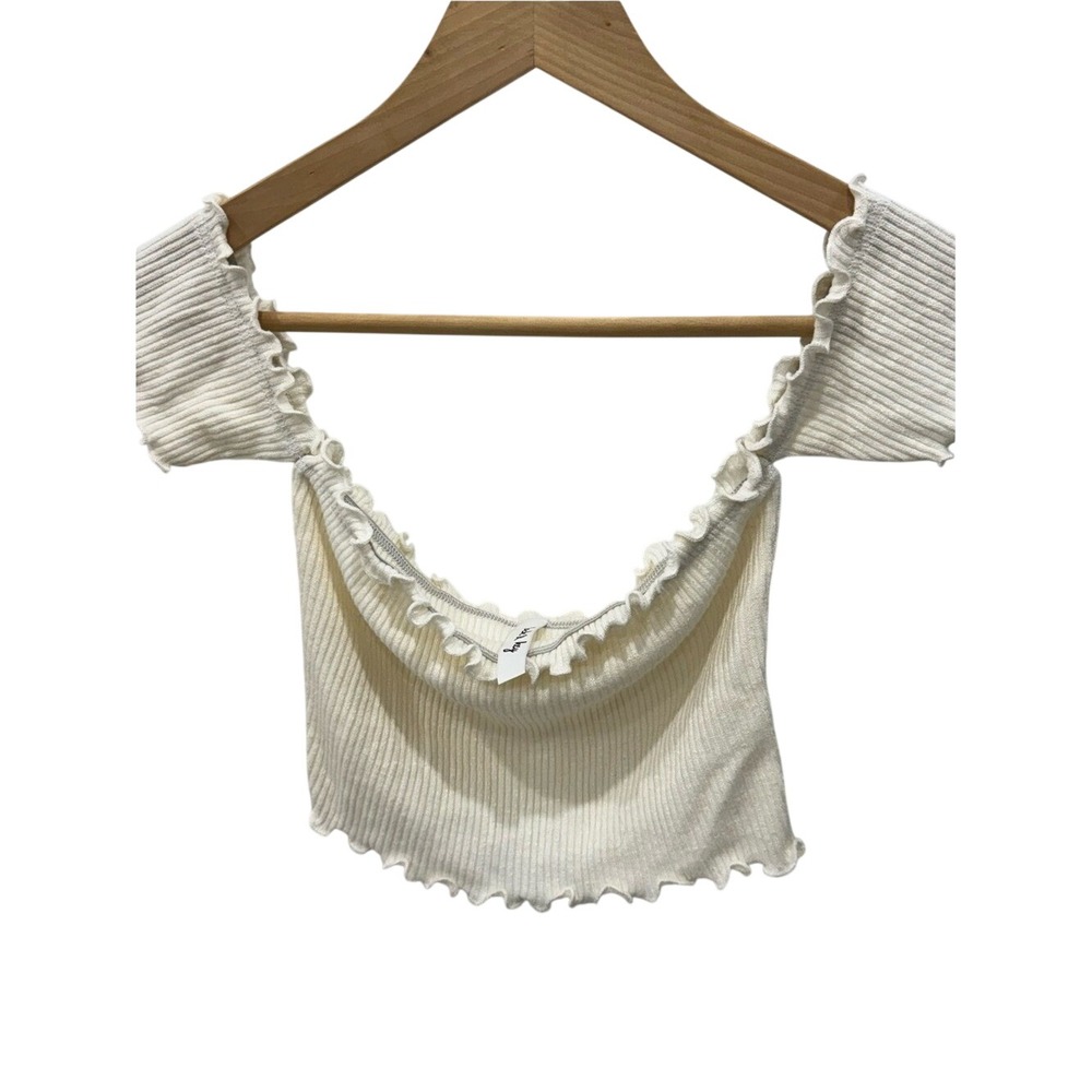Lock & Key Ribbed Ruffle Off-Shoulder Crop Top — Cream